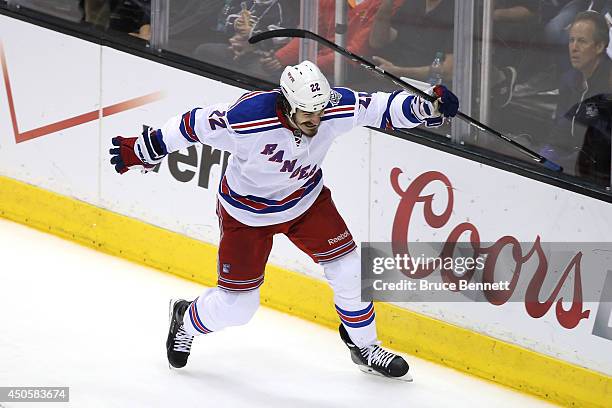 Brian Boyle of the New York Rangers celebrates his second period goal past goaltender Jonathan Quick of the Los Angeles Kings during Game Five of the...