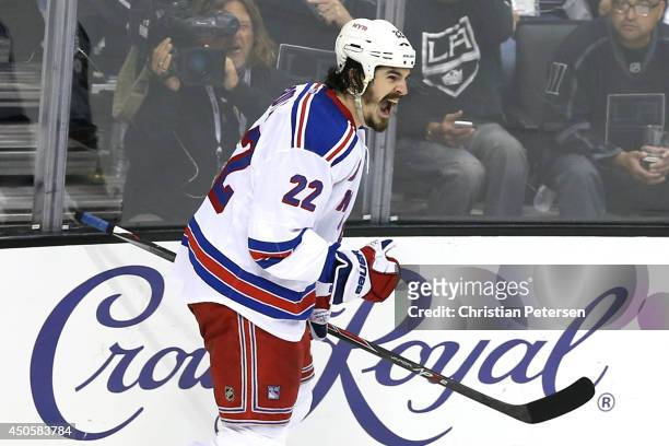Brian Boyle of the New York Rangers celebrates his second period goal past goaltender Jonathan Quick of the Los Angeles Kings during Game Five of the...
