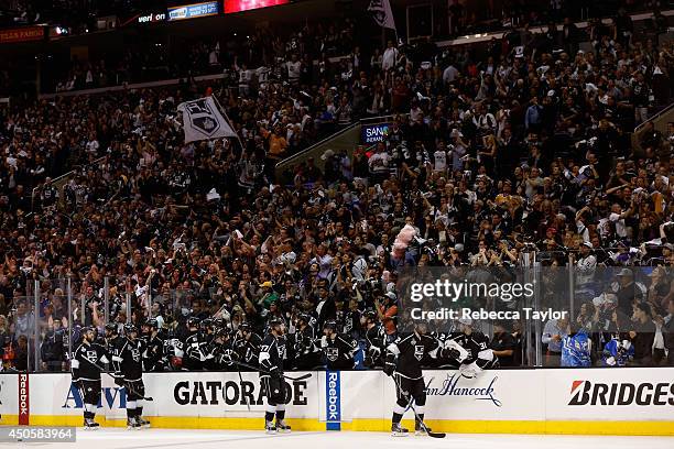 Marian Gaborik of the Los Angeles Kings celebrates his power play goal with teammates against the New York Rangers during the third period of Game...