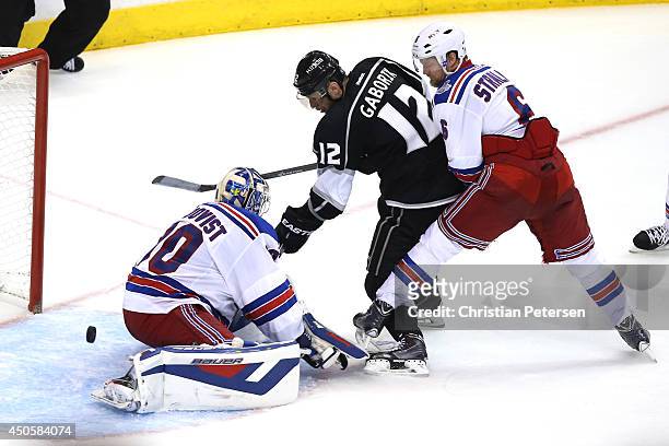 Marian Gaborik of the Los Angeles Kings scores a goal past goaltender Henrik Lundqvist of the New York Rangers in the third period during Game Five...
