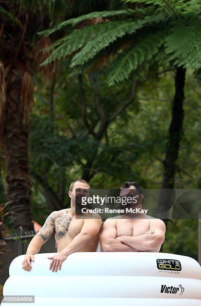 Trent Merrin and Paul Gallen share an ice bath during a New South Wales State of Origin Recovery session at Novotel Coffs Harbour on June 14, 2014 in...