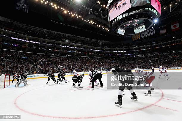The Los Angeles Kings and the New York Rangers face off in the third period of Game Five of the 2014 Stanley Cup Final at the Staples Center on June...