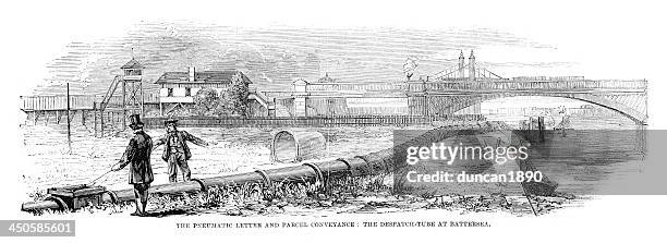 pneumatic letter and parcel conveyance - battersea london stock illustrations