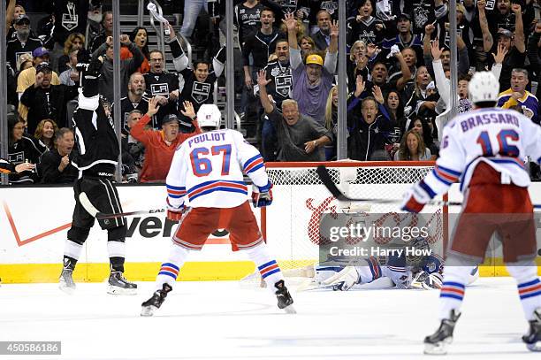 Alec Martinez of the Los Angeles Kings celebrates after scoring the game-winning goal in double overtime against the New York Rangers during Game...