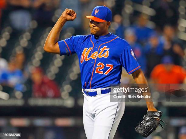 Jeurys Familia of the New York Mets pumps his fist after getting the final out on the ninth inning against the San Diego Padres on June 13, 2014 at...