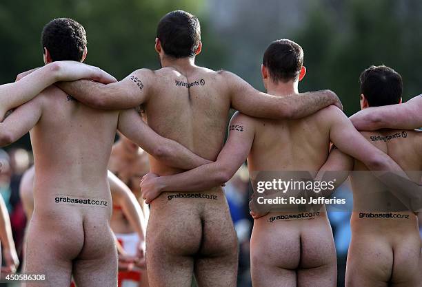 The New Zealand Nude Blacks line-up to face England during the Naked Rugby match between New Zealand and England at University Oval on June 14, 2014...