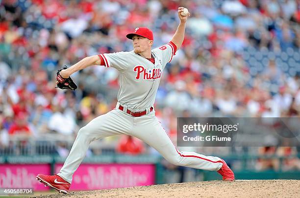 Jacob Diekman of the Philadelphia Phillies pitches against the Washington Nationals at Nationals Park on June 5, 2014 in Washington, DC.