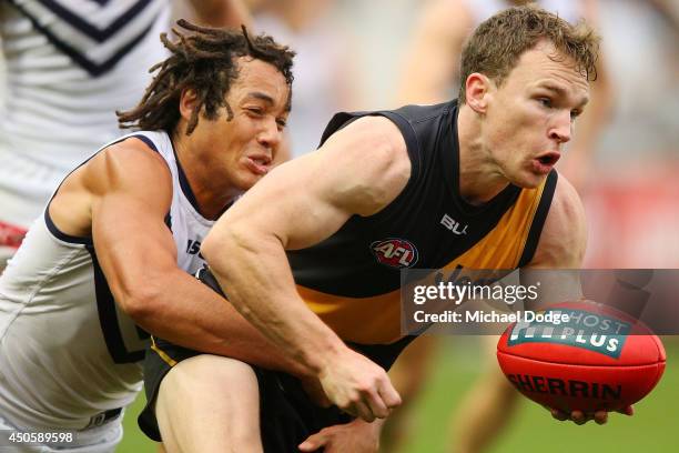 Nathan Foley of the Tigers is tacked by Tendai Mzungu of the Dockers during the round 13 AFL match between the Richmond Tigers and the Fremantle...