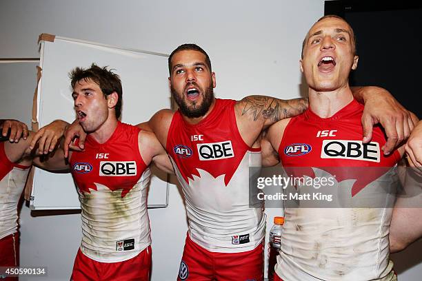 Lance Franklin of the Swans sings the club song with team mates after during the round 13 AFL match between the Sydney Swans and the Port Adelaide...