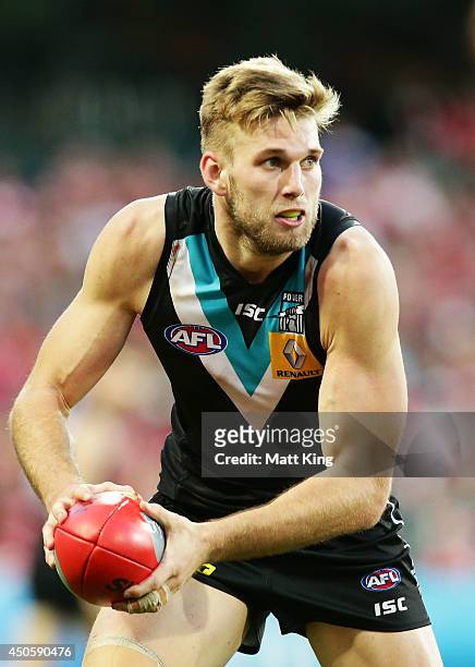 Jackson Trengove of the Power looks upfield during the round 13 AFL match between the Sydney Swans and the Port Adelaide Power at Sydney Cricket...