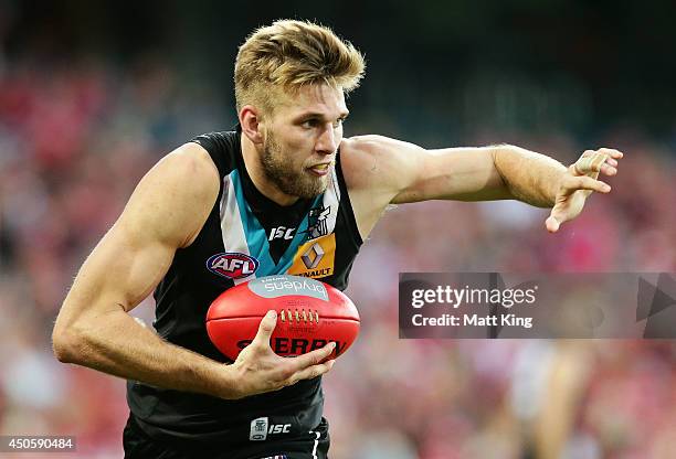 Jackson Trengove of the Power looks upfield during the round 13 AFL match between the Sydney Swans and the Port Adelaide Power at Sydney Cricket...