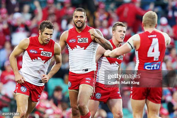 Lance Franklin of the Swans celebrates a goal during the round 13 AFL match between the Sydney Swans and the Port Adelaide Power at Sydney Cricket...