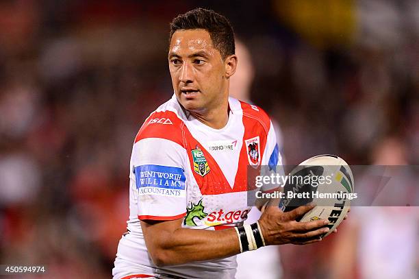 Benji Marshall of the Dragons runs with the ball during the round 14 NRL match between the Penrith Panthers and the St George Illawarra Dragons at...