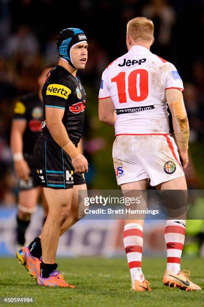 Jamie Soward of the Panthers and Mike Cooper of the Dragons scuffle during the round 14 NRL match between the Penrith Panthers and the St George...