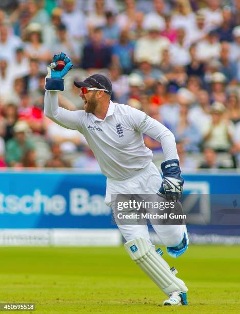 Matt Prior of England celebrates catching the ball to dismiss Kaushal Silva of Sri Lanka during the Investec 1st Test Match day three between England...