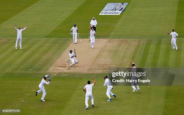 England wicketkeeper Matt Prior takes a catch to dismiss Kaushal Silva of Sri Lanka off the bowling of James Anderson during day three of the 1st...