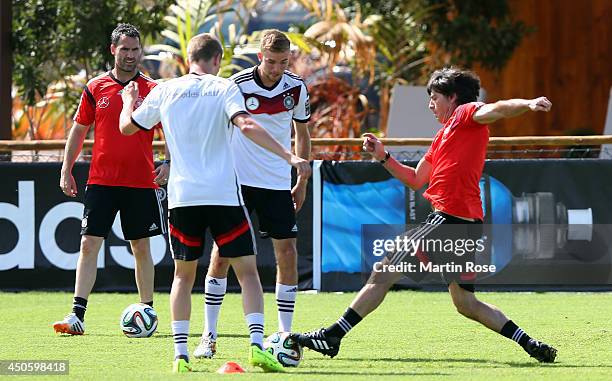 Hed cooach Joachim Loew in action during the German National team training at Campo Bahia on June 14, 2014 in Santo Andre, Brazil.