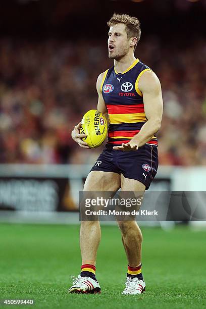 Matthew Wright of the Crows looks on during the round 13 AFL match between the Adelaide Crows and the North Melbourne Kangaroos at Adelaide Oval on...