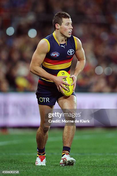 Luke Brown of the Crows looks on during the round 13 AFL match between the Adelaide Crows and the North Melbourne Kangaroos at Adelaide Oval on June...