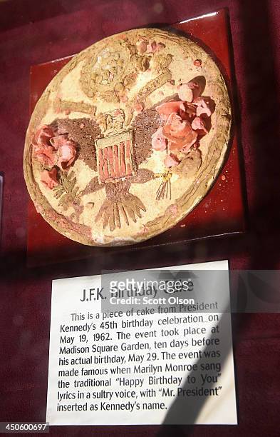 Piece of cake from President John F. Kennedy's 45th birthday celebration is displayed at the Historic Auto Attractions museum on November 19, 2013 in...