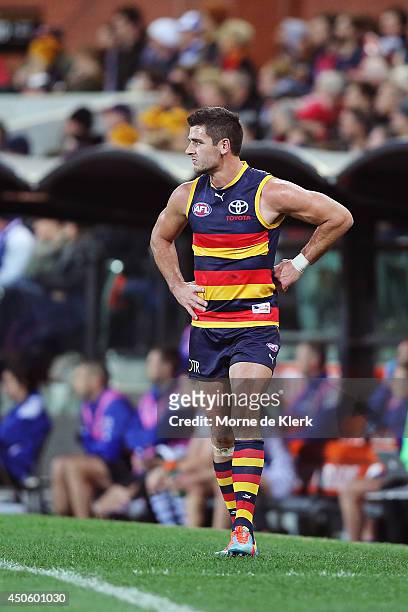 Taylor Walker of the Crows stands on the sideline after getting injured during the round 13 AFL match between the Adelaide Crows and the North...