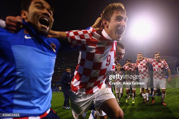 Players of Croatia celebrate after the FIFA 2014 World Cup Qualifier play-off second leg match between Croatia and Iceland at Maksimir Stadium on...