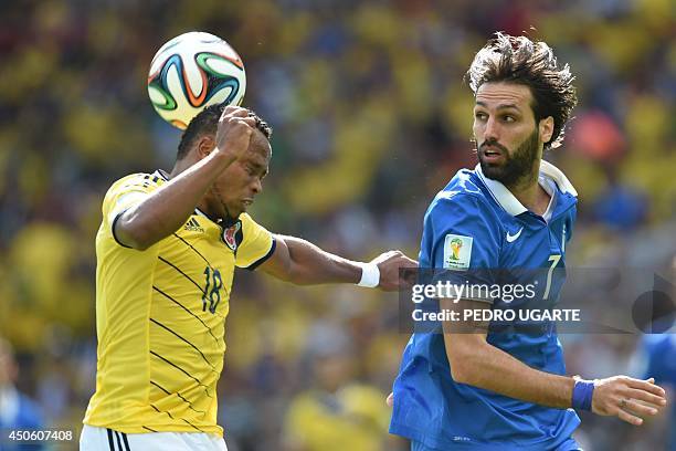 Greece's forward Georgios Samaras in action against Colombia's defender Camilo Zuniga during a group C football match between Colombia and Greece at...