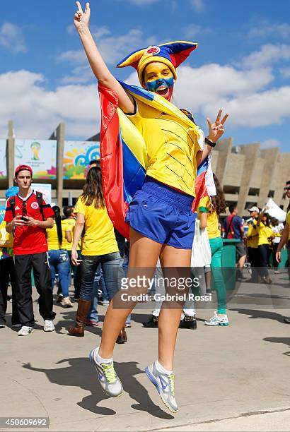 Fan of Colombia poses before the 2014 FIFA World Cup Brazil Group C match between Colombia and Greece at Estadio Mineirao on June 14, 2014 in Belo...