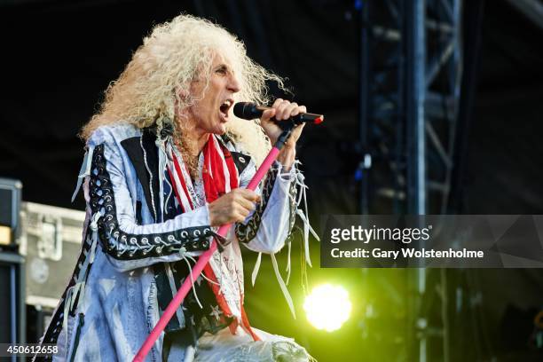 Dee Snider of Twisted Sister performs on stage during day 2 of Download Festival at Donnington Park on June 14, 2014 in Donnington, United Kingdom.