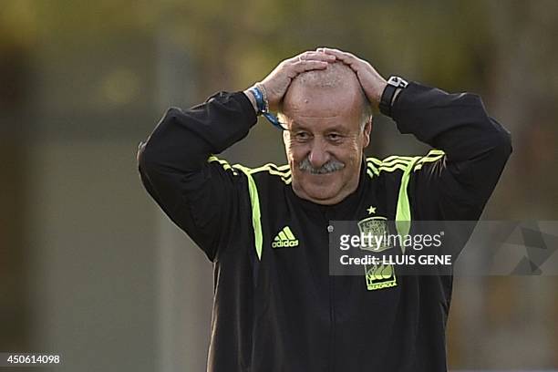 Spain's coach Vicente Del Bosque gestures during a training session at CT do Caju in Curitiba on June 14 during the 2014 FIFA World Cup. Spain...