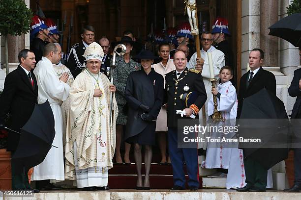 Princess Caroline of Hanover, Princess Charlene of Monaco, Princess Stephanie of Monaco and Prince Albert II of Monaco leave the Cathedral of Monaco...