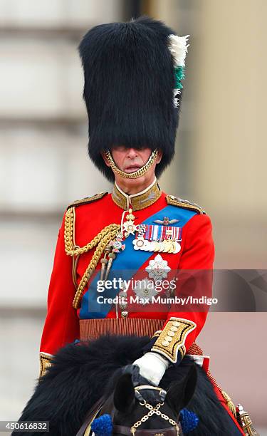 Prince Charles, Prince of Wales rides on horseback down The Mall during Trooping the Colour, Queen Elizabeth II's Birthday Parade on June 14, 2014 in...