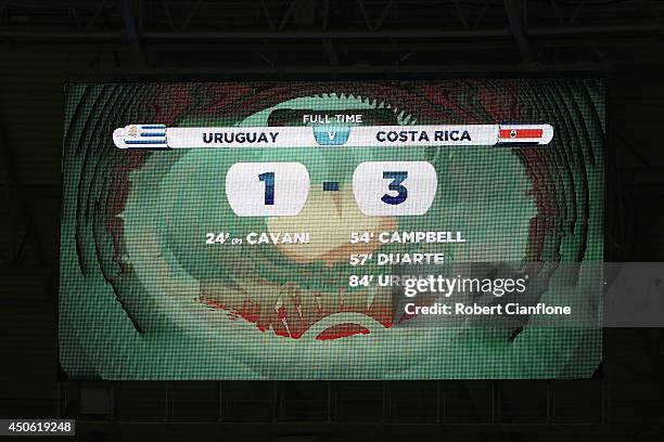 Board displays the final score of the 2014 FIFA World Cup Brazil Group D match between Uruguay and Costa Rica at Castelao on June 14, 2014 in...