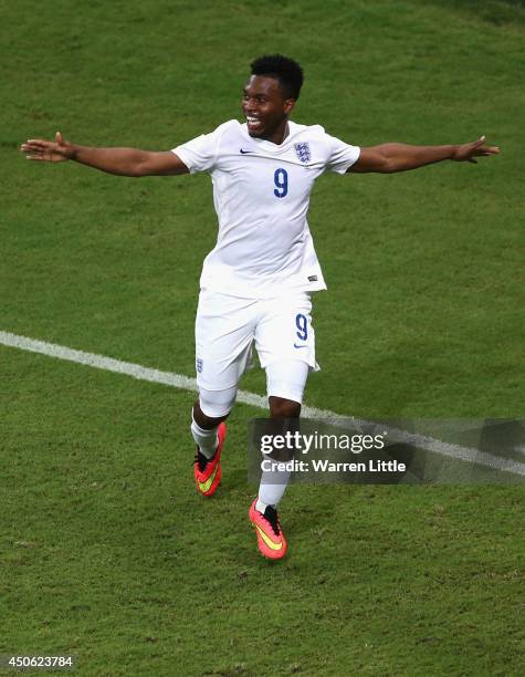 Daniel Sturridge of England celebrates after scoring his team's first goal during the 2014 FIFA World Cup Brazil Group D match between England and...