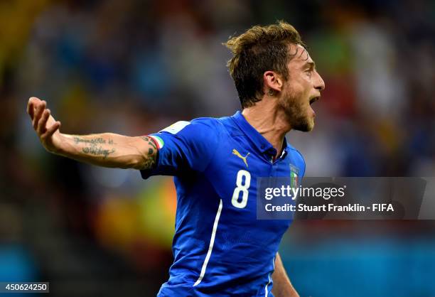 Claudio Marchisio of Italy celebrates after scoring the team's first goal during the 2014 FIFA World Cup Brazil Group D match between England and...