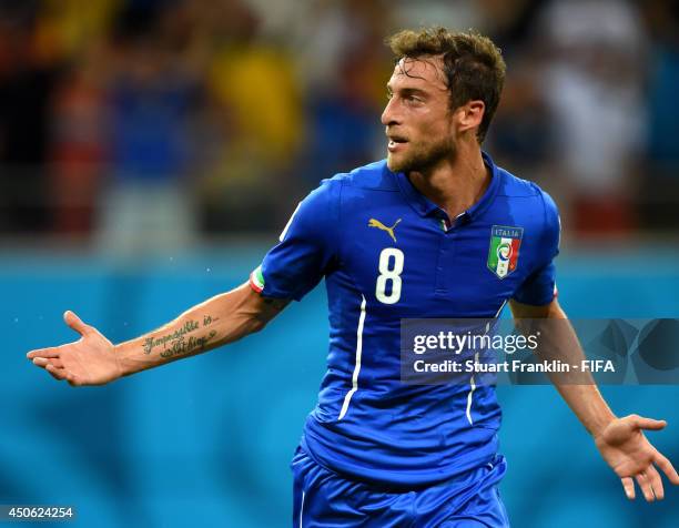 Claudio Marchisio of Italy celebrates after scoring the team's first goal during the 2014 FIFA World Cup Brazil Group D match between England and...