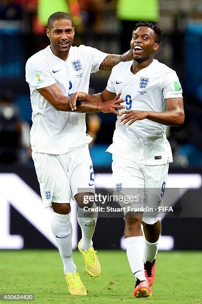 Daniel Sturridge of England celebrates with Glen Johnson of England after scoring the team's first goal during the 2014 FIFA World Cup Brazil Group D...