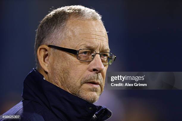 Head coach Lars Lagerback of Iceland looks on prior to the FIFA 2014 World Cup Qualifier play-off second leg match between Croatia and Iceland at...