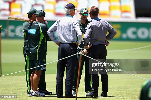 Michael Clarke of Australia speaks with John Inverarity, Australian Chairman of Selectors and Andy Bichel, Australian Selector during an Australian...