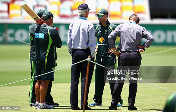 Michael Clarke of Australia speaks with John Inverarity, Australian Chairman of Selectors and Andy Bichel, Australian Selector during an Australian...