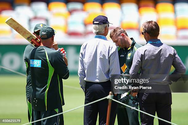 Michael Clarke of Australia speaks with John Inverarity, Australian Chairman of Selectors and Andy Bichel, Australian Selector during an Australian...