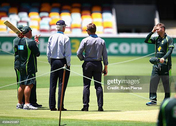 Michael Clarke of Australia speaks with John Inverarity, Australian Chairman of Selectors and Andy Bichel, Australian Selector during an Australian...