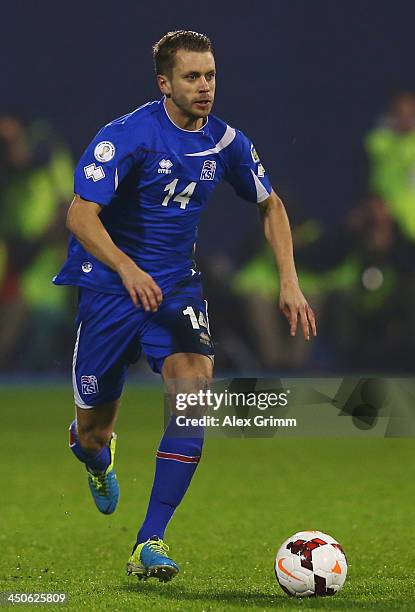 Kari Arnason of Iceland controles the ball during the FIFA 2014 World Cup Qualifier play-off second leg match between Croatia and Iceland at Maksimir...