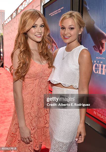 Actresses Katherine McNamara and Olivia Holt attend the premiere of "Earth to Echo" during the 2014 Los Angeles Film Festival at Premiere House on...