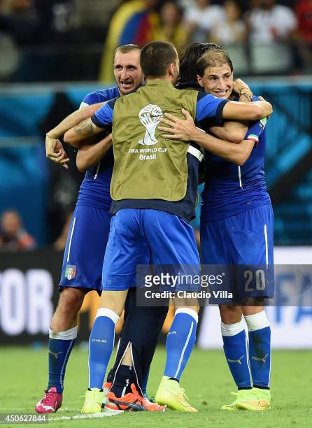 Giorgio Chiellini and Gabriel Paletta of Italy celebrate after defeating England 2-1 during the 2014 FIFA World Cup Brazil Group D match between...