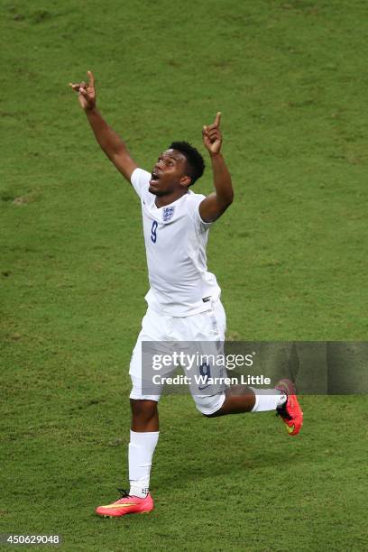 Daniel Sturridge of England celebrates after scoring a goal during the 2014 FIFA World Cup Brazil Group D match between England and Italy at Arena...