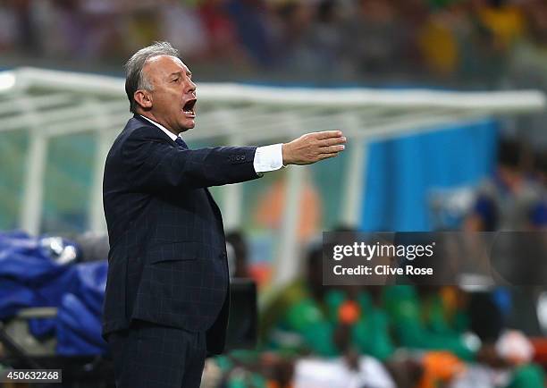 Head coach Alberto Zaccheroni of Japan looks on during the 2014 FIFA World Cup Brazil Group C match between the Ivory Coast and Japan at Arena...