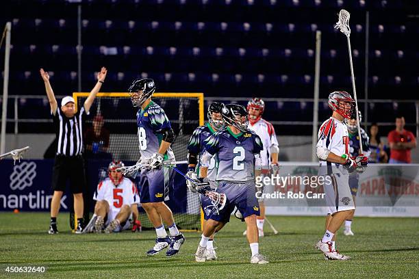 Brendan Mundorf of the Chesapeake Bayhawks celebrates after scoring a second half goal against the Boston Cannons at Navy-Marine Corps Memorial...