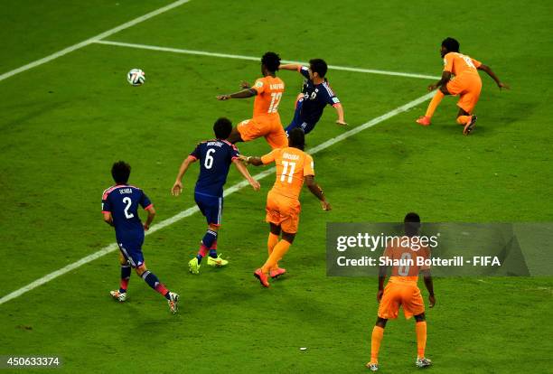 Gervinho of the Ivory Coast scores the team's second goal during the 2014 FIFA World Cup Brazil Group C match between Cote D'Ivoire and Japan at...