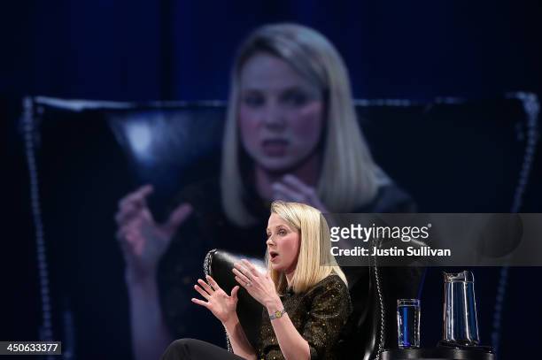 Yahoo CEO Marissa Mayer speaks during a conversation with Salesforce chairman and CEO Marc Benioff at the 2013 Dreamforce conference on November 19,...